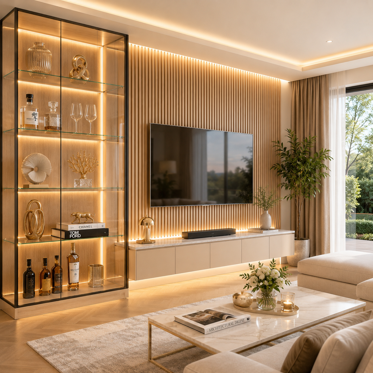 Luxuriöses Wohnzimmer mit beleuchteter Glasvitrine, Akustikpaneelen und indirekter COB LED Beleuchtung – modernes Wohnambiente mit stilvoller Warmweiß-Beleuchtung.