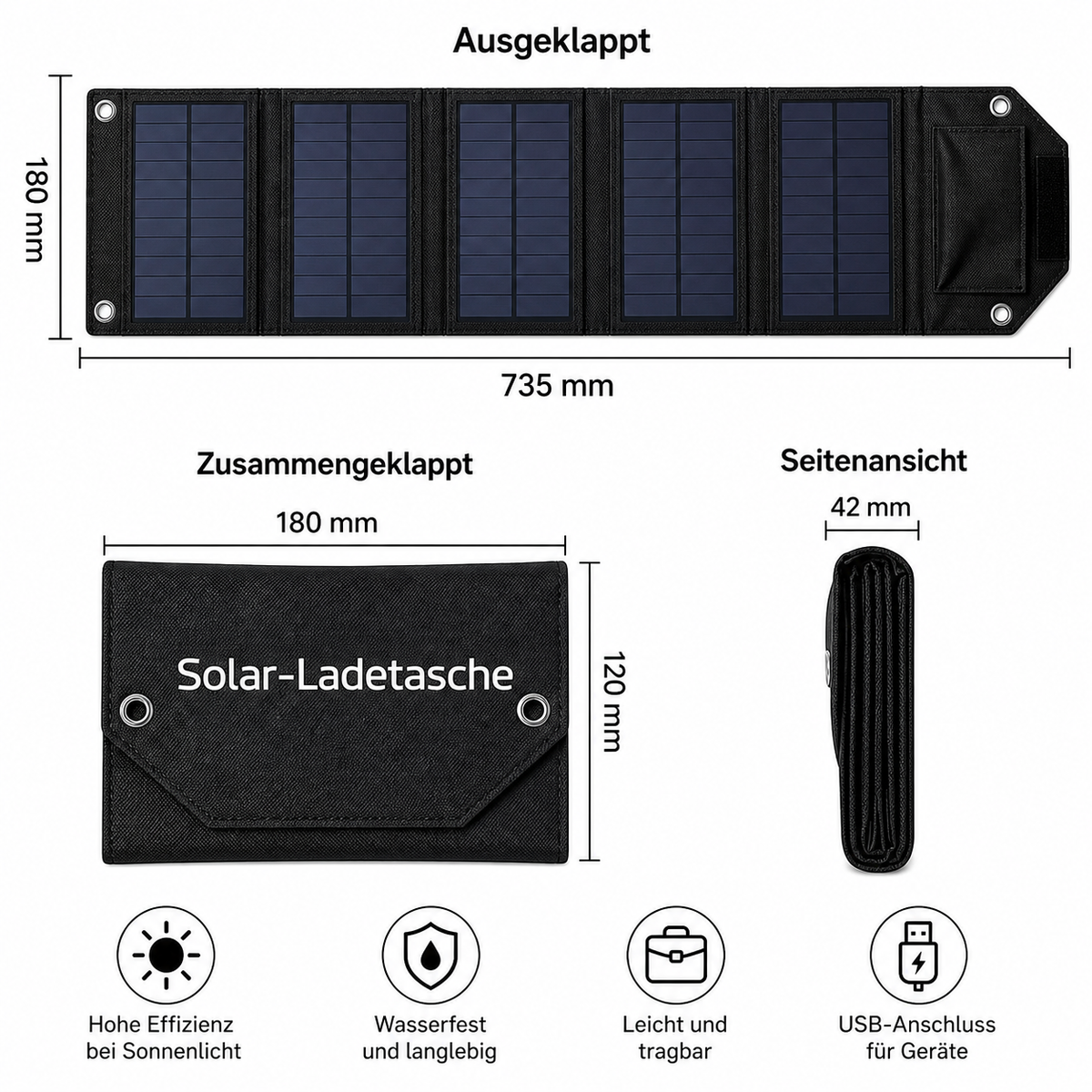 Maßübersicht des faltbaren 80W Solarpanels mit Produktmaßen, Packmaß und Seitenansicht.
