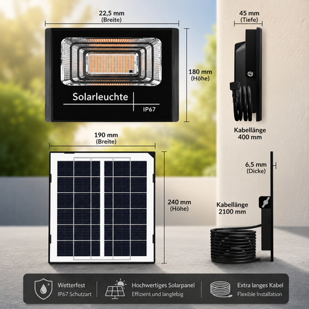 Maße der Solar-Pflanzenlampe mit Solarpanel und Kabellänge.
