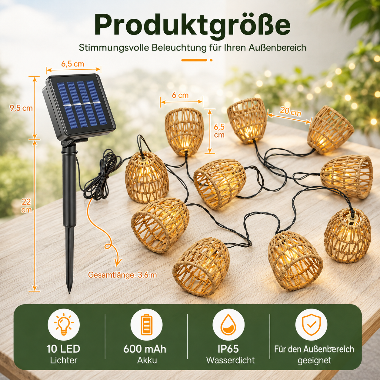 Maße der Solar-Rattan-Lichterkette mit Solarpanel, 10 LEDs und 3,6 m Gesamtlänge.
