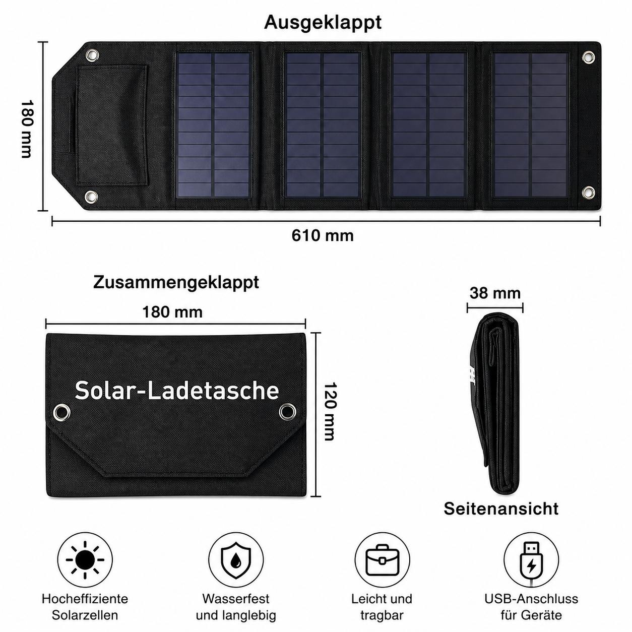 Maßzeichnung des faltbaren 60W Solarpanels mit Abmessungen im aufgeklappten und zusammengeklappten Zustand.
