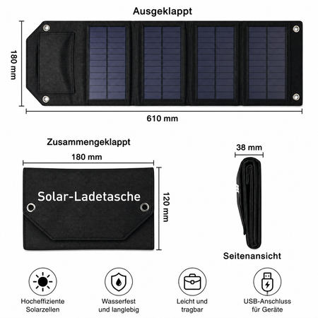 Maßzeichnung des faltbaren 60W Solarpanels mit Abmessungen im aufgeklappten und zusammengeklappten Zustand.
