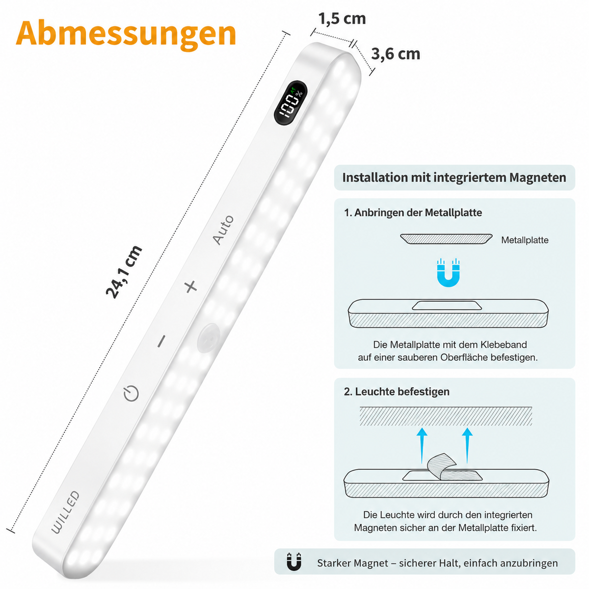 Magnetische LED Schrankbeleuchtung mit einfacher Montage und kompakten Abmessungen
