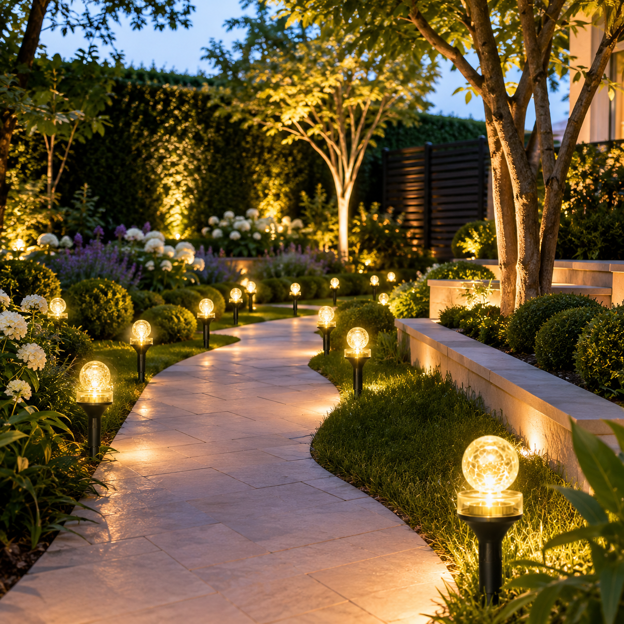 Mehrere Solar-Gartenleuchten beleuchten einen modernen Gartenweg zwischen Beeten und Bäumen mit warmweißem Licht.
