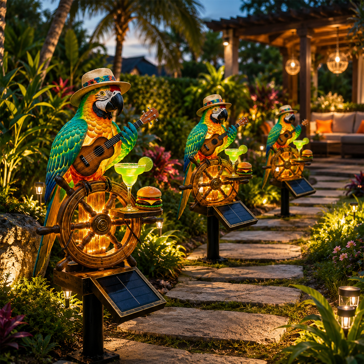 Mehrere Solar Papagei Gartenleuchten beleuchtet
