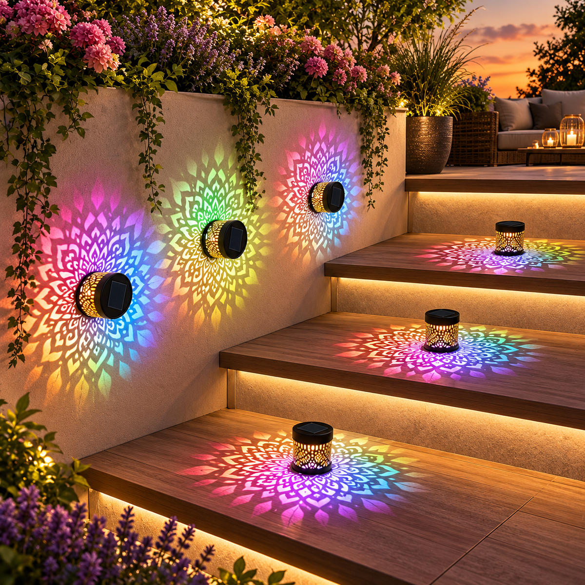 Mehrere Solarleuchten mit bunter Mandala-Projektion beleuchten Treppen und Gartenmauer stimmungsvoll
