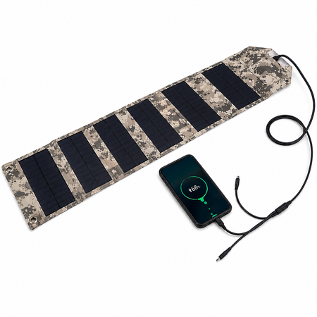 Mobiles 100W Solarpanel lädt ein Smartphone direkt über USB mit kostenloser Solarenergie.
