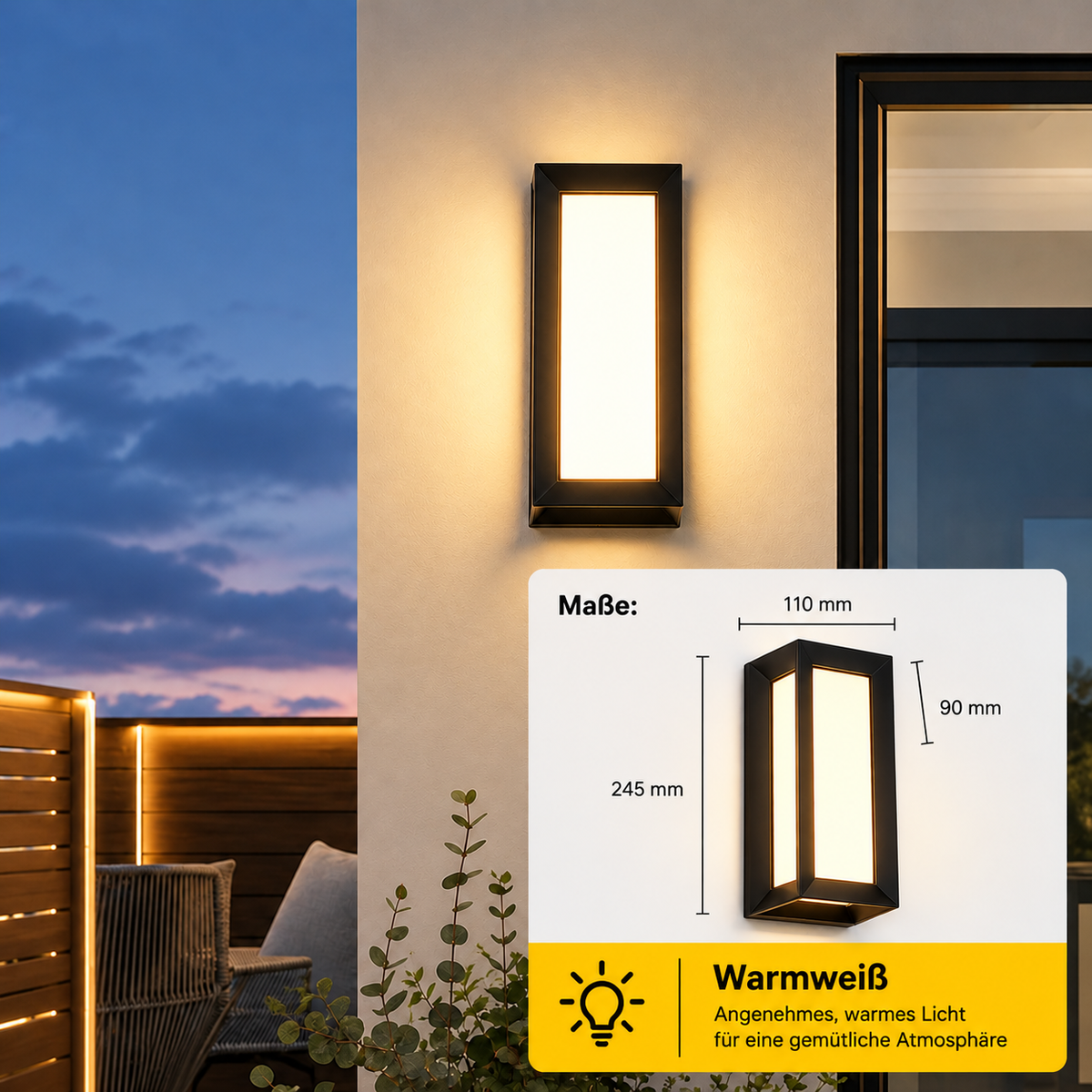 LED Außenwandleuchte in Warmweiß an der Hauswand mit Maßangaben 245 x 110 x 90 mm