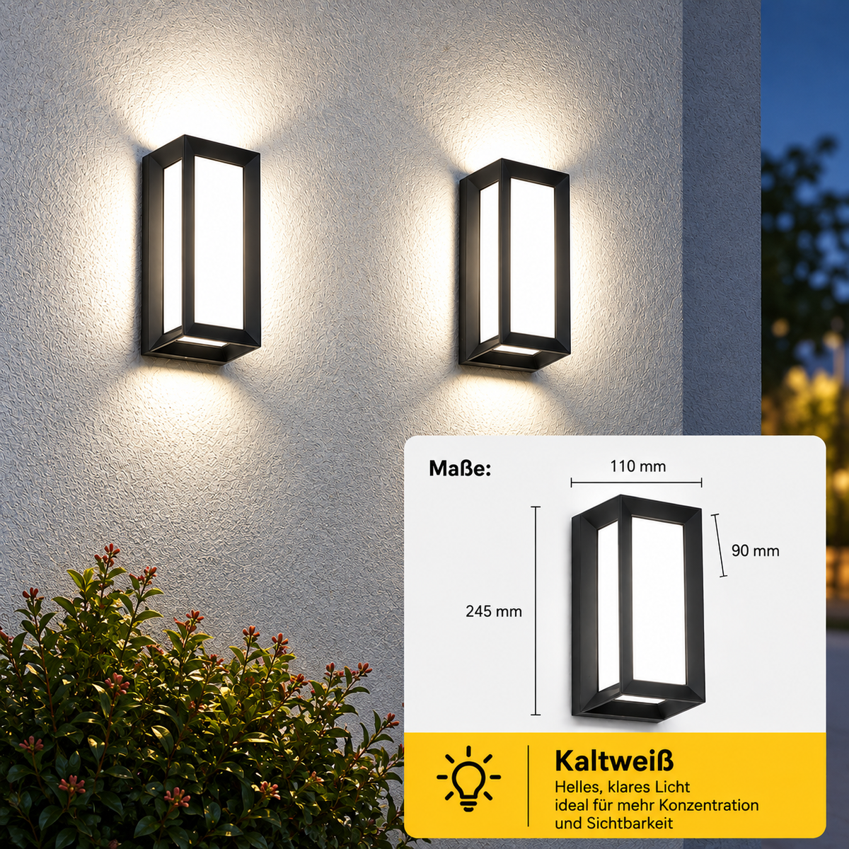 Zwei LED Außenwandleuchten in Kaltweiß an der Hauswand mit Maßangaben 245 x 110 x 90 mm
