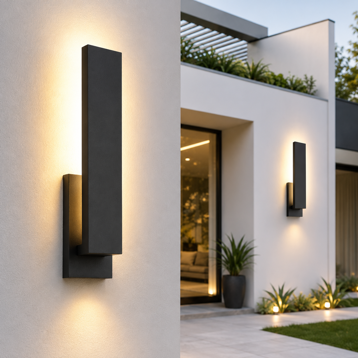 Moderne LED-Außenwandleuchte aus Aluminium mit warmweißem Licht an einer Hausfassade für stilvolle Eingangs- und Terrassenbeleuchtung.
