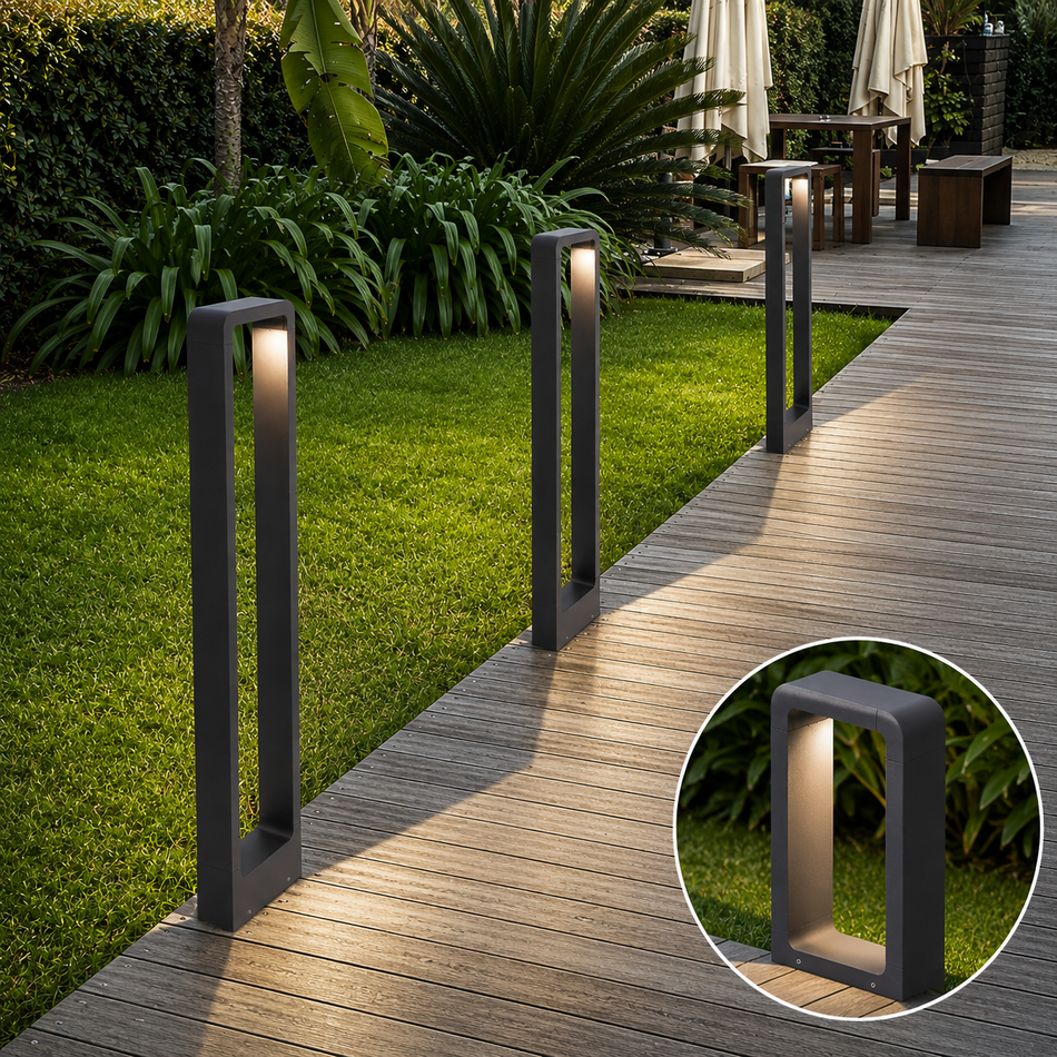 Moderne LED-Wegeleuchten entlang einer Gartenterrasse
