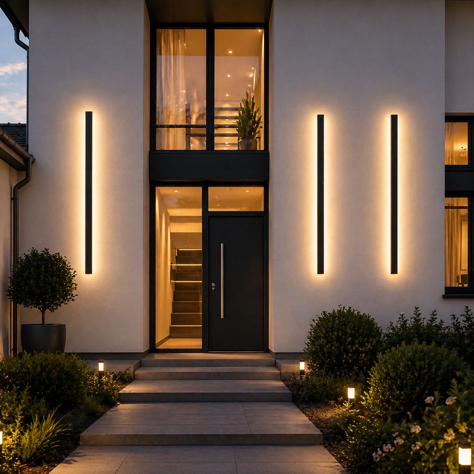Moderne LED Außenwandleuchten in Schwarz an einer Hausfassade mit warmweißem Licht

