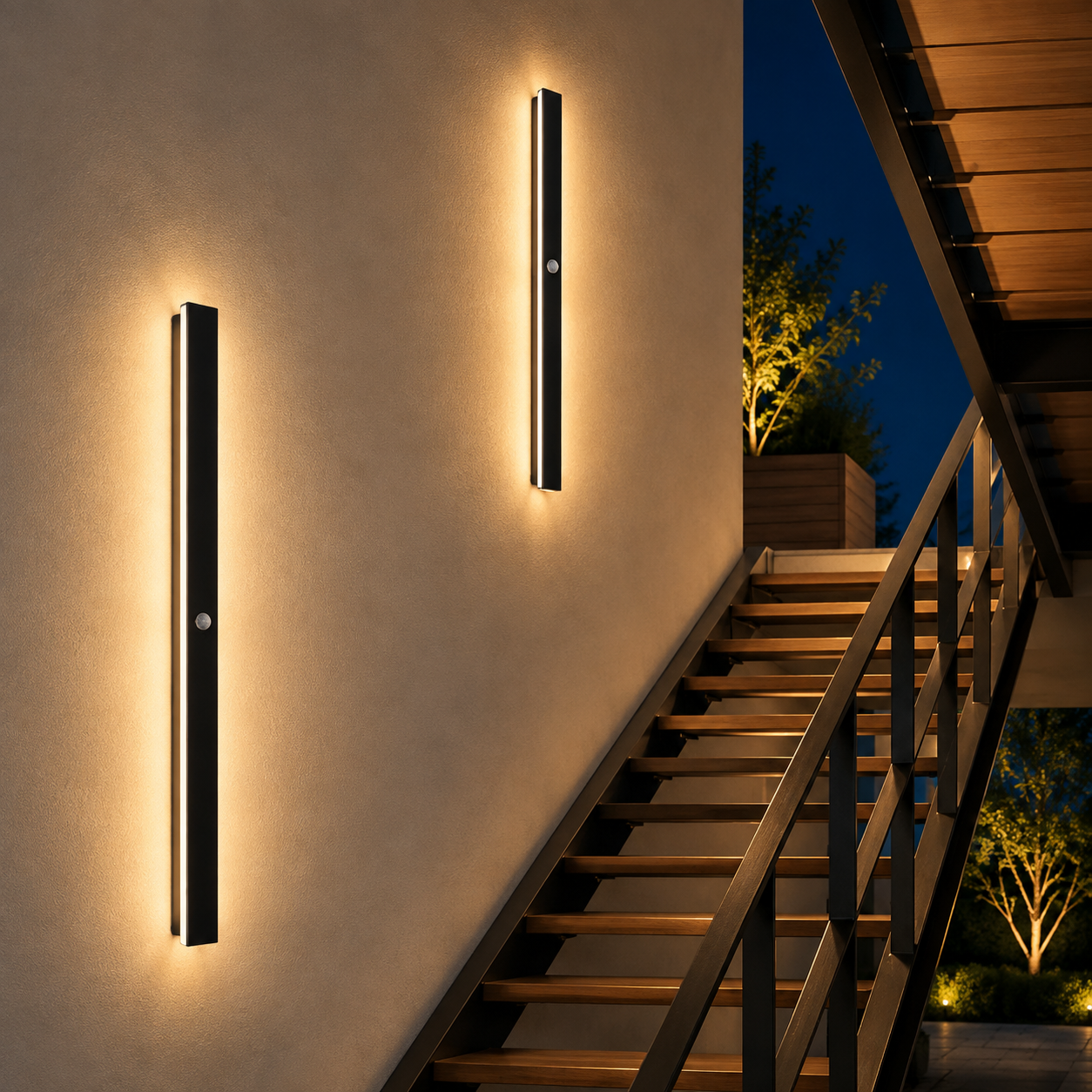 Moderne schwarze LED Außenwandleuchte mit Bewegungsmelder für Hauswand und Terrasse.
