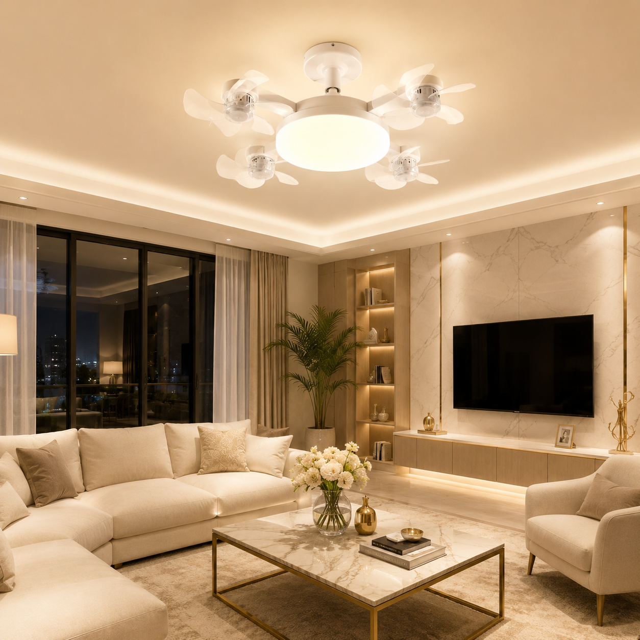 Moderner Deckenventilator mit LED-Licht in Warmweiß in einem luxuriösen Wohnzimmer.