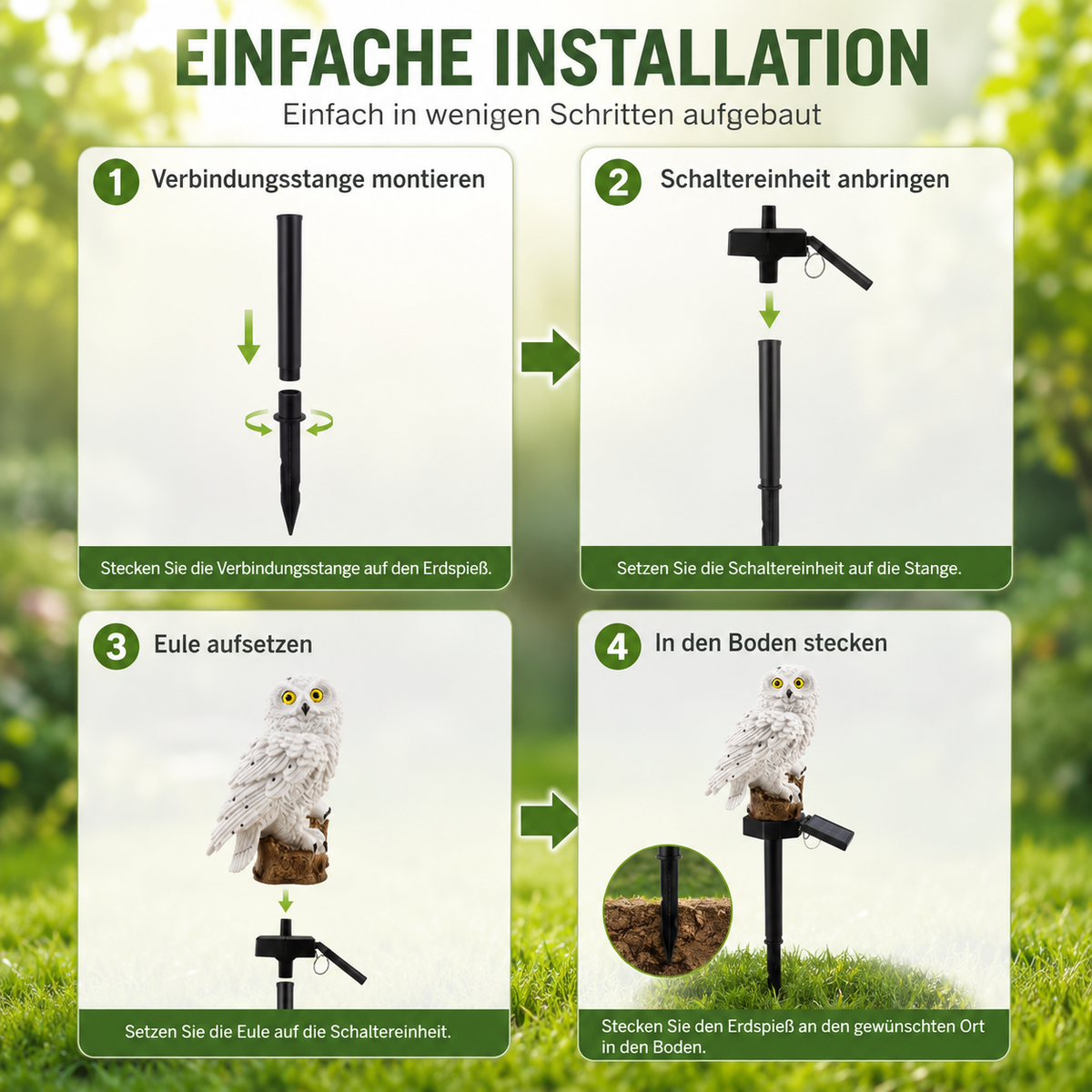 Montageanleitung der Solar-Eulenleuchte mit Erdspieß in vier einfachen Schritten.
