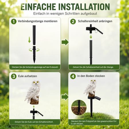 Montageanleitung der Solar-Eulenleuchte mit Erdspieß in vier einfachen Schritten.

