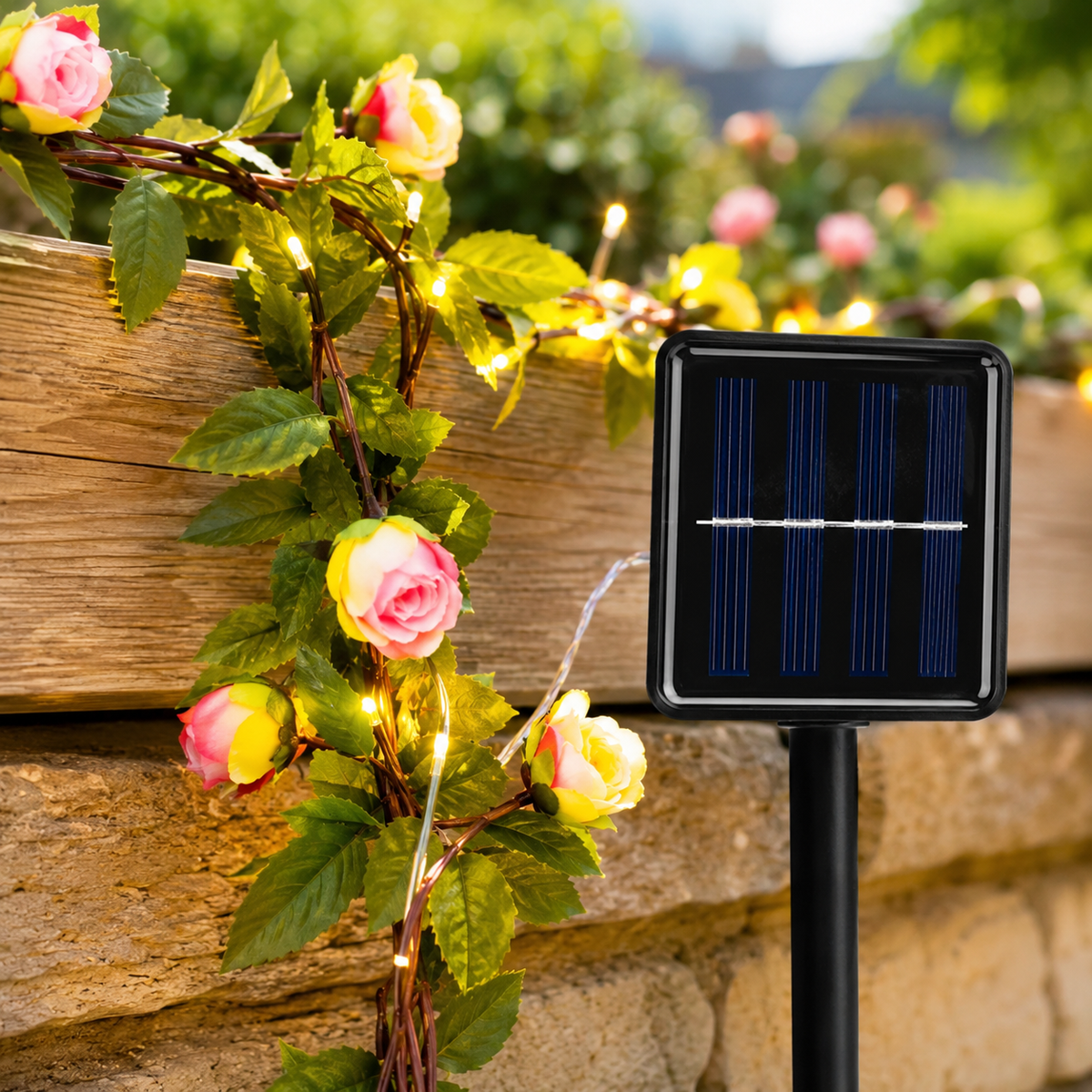 Nahaufnahme der Rosenlichterkette mit Solarpanel
