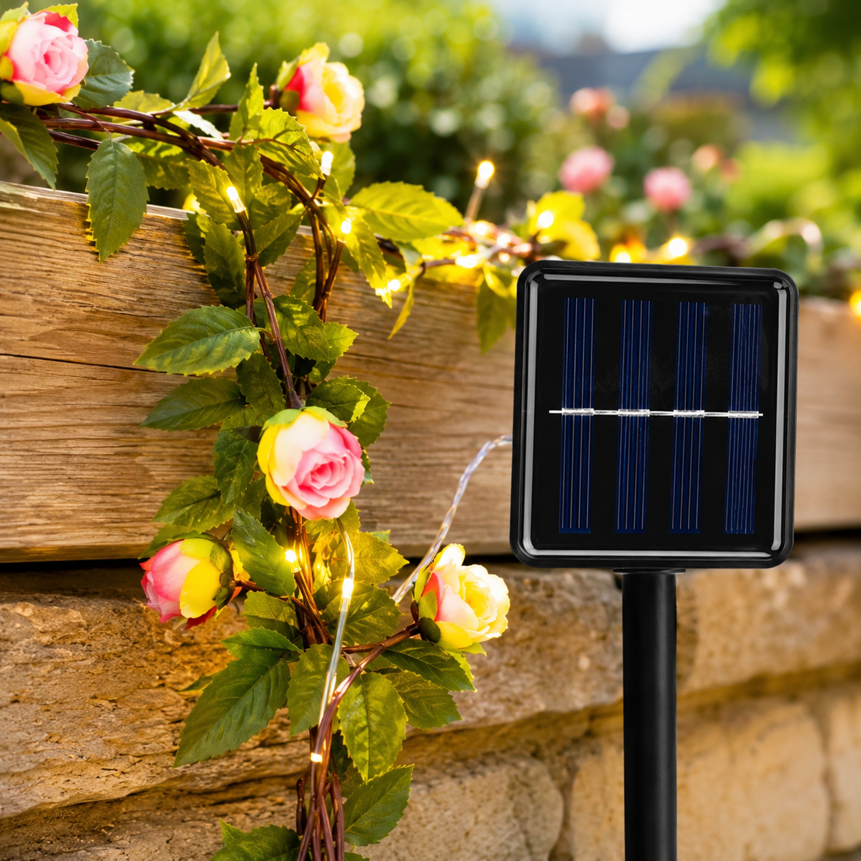 Nahaufnahme der Rosenlichterkette mit Solarpanel
