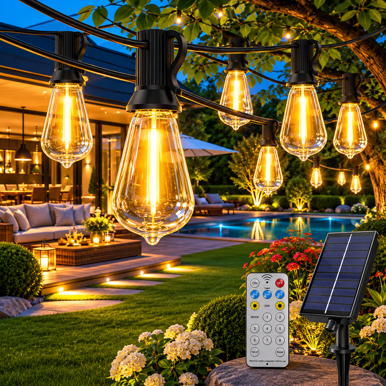 Nahaufnahme der Solar Lichterkette mit Edison-ST38-LED-Birnen, Solarpanel und Fernbedienung für dekorative Gartenbeleuchtung.
