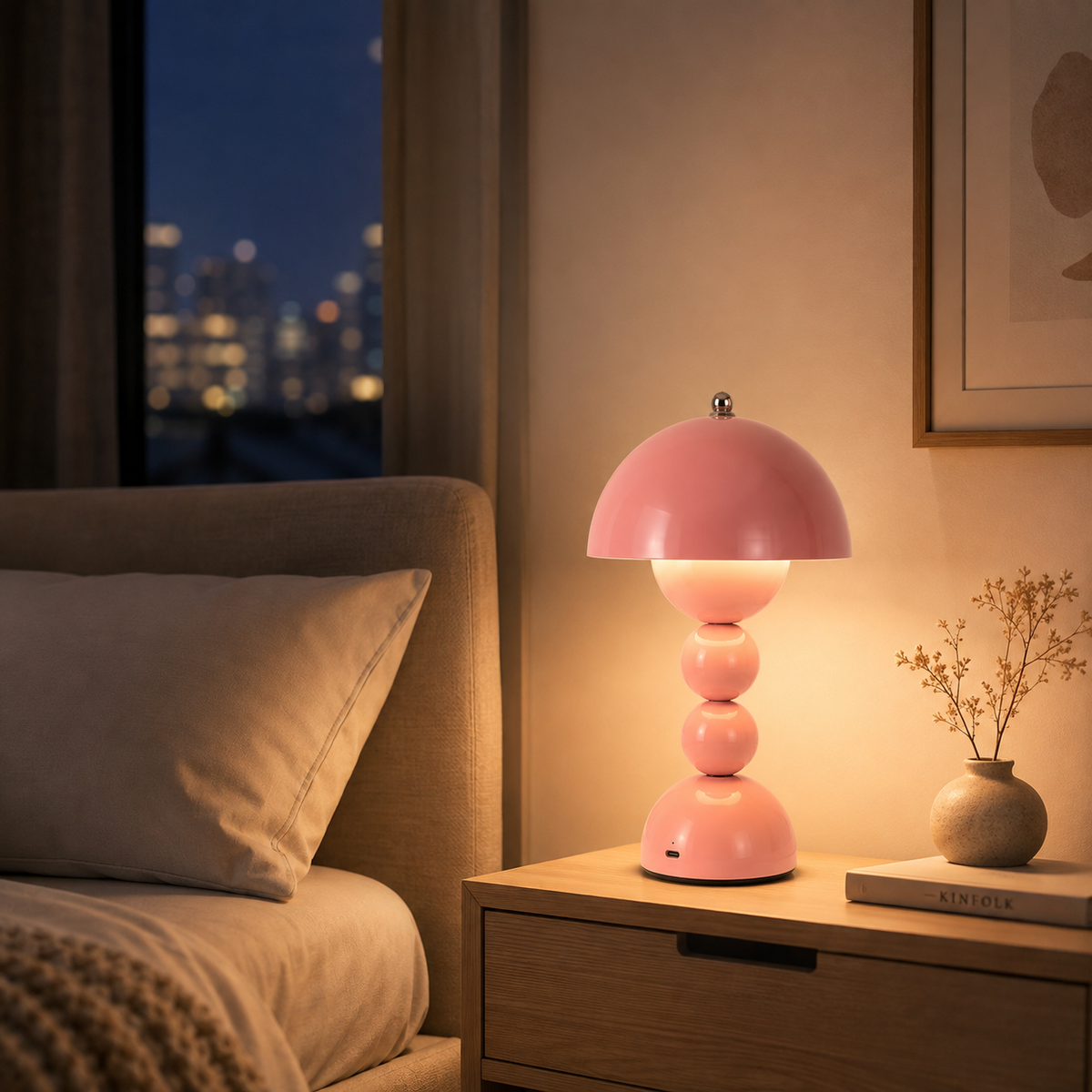 Pinke kabellose LED-Tischlampe im skandinavischen Retro-Design als stilvolle Nachttischlampe mit warmweißem Licht.
