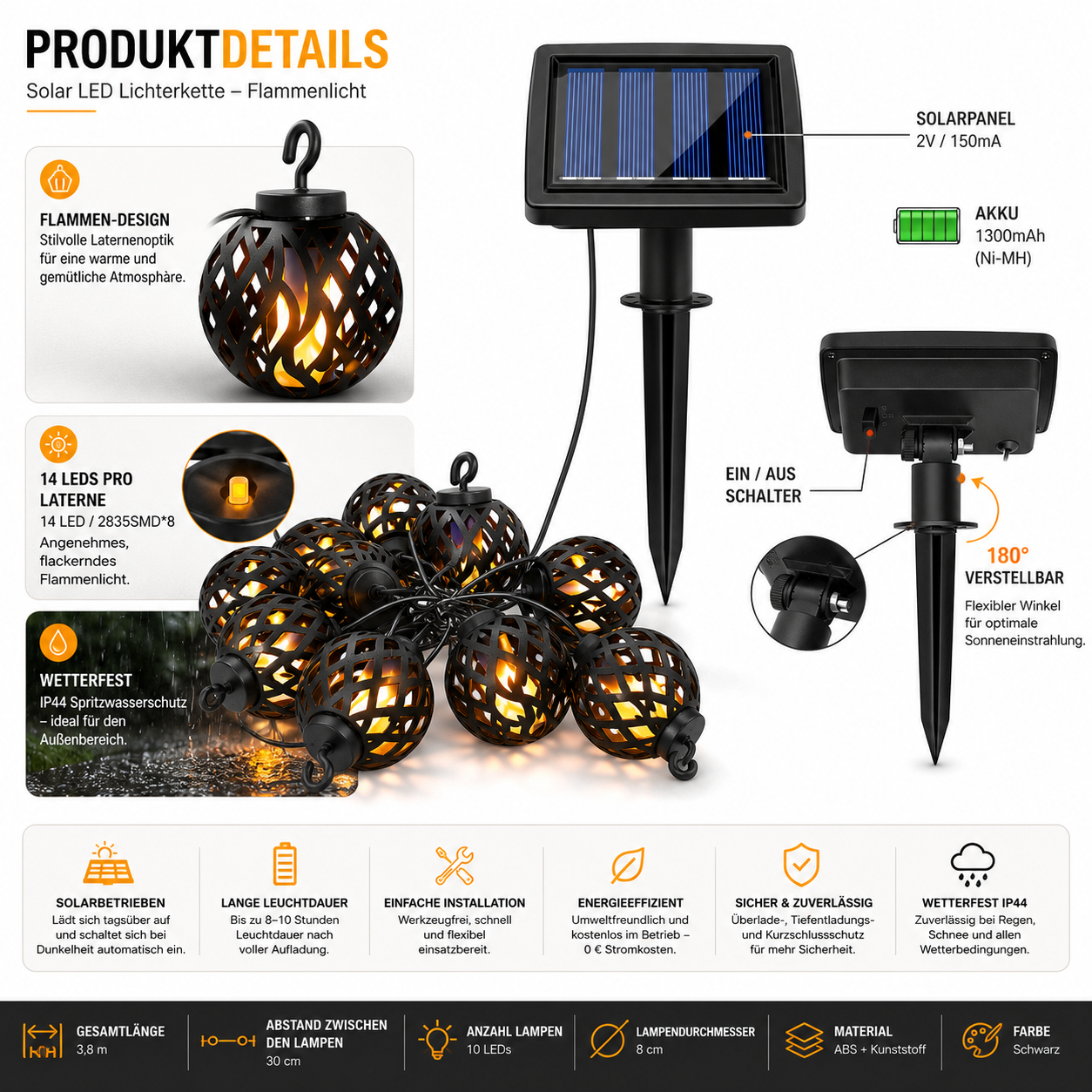 Produktdetails der Solar LED Flammen-Lichterkette mit Solarpanel, 10 LED-Lampen, 1300 mAh Akku und IP44 Wetterschutz.