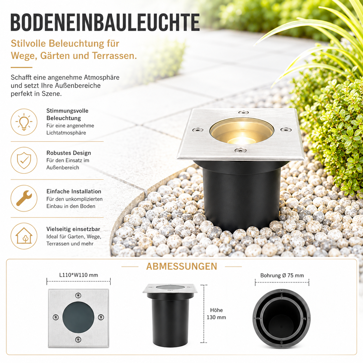 Quadratische LED-Bodeneinbauleuchte für Garten und Terrasse.
