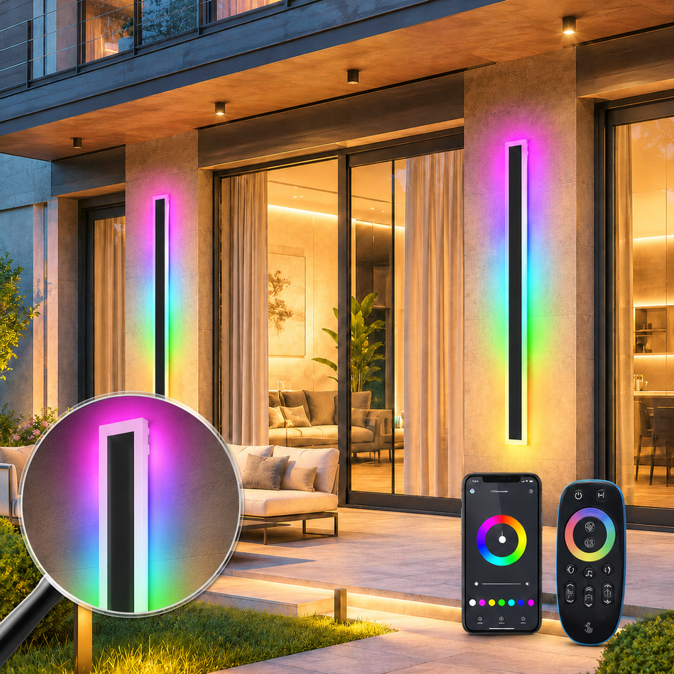 RGB-Außenwandleuchten mit App und Fernbedienung.
