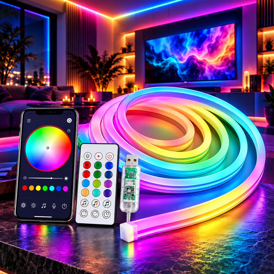 RGBIC Neon LED Streifen mit App, Fernbedienung und USB-Anschluss