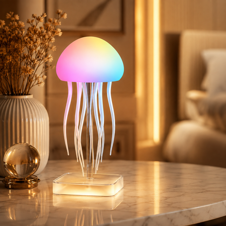 RGB Quallenlampe auf einem Nachttisch in einem luxuriösen Schlafzimmer mit stimmungsvoller LED-Beleuchtung.