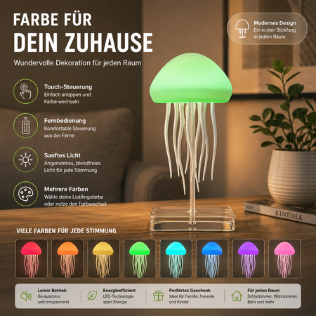 RGB Quallenlampe mit Farbwechsel und verschiedenen Lichtfarben als dekorative LED-Tischlampe für jeden Raum.