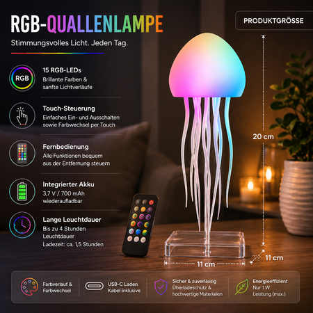 RGB Quallenlampe mit Fernbedienung, Produktgröße und technischen Eigenschaften als moderne LED-Dekoleuchte.