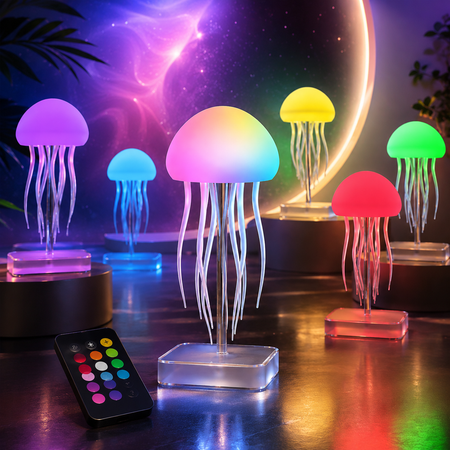 RGB Quallenlampe mit Fernbedienung und mehreren leuchtenden Farben als moderne LED-Tischlampe für Schlafzimmer und Wohnzimmer.