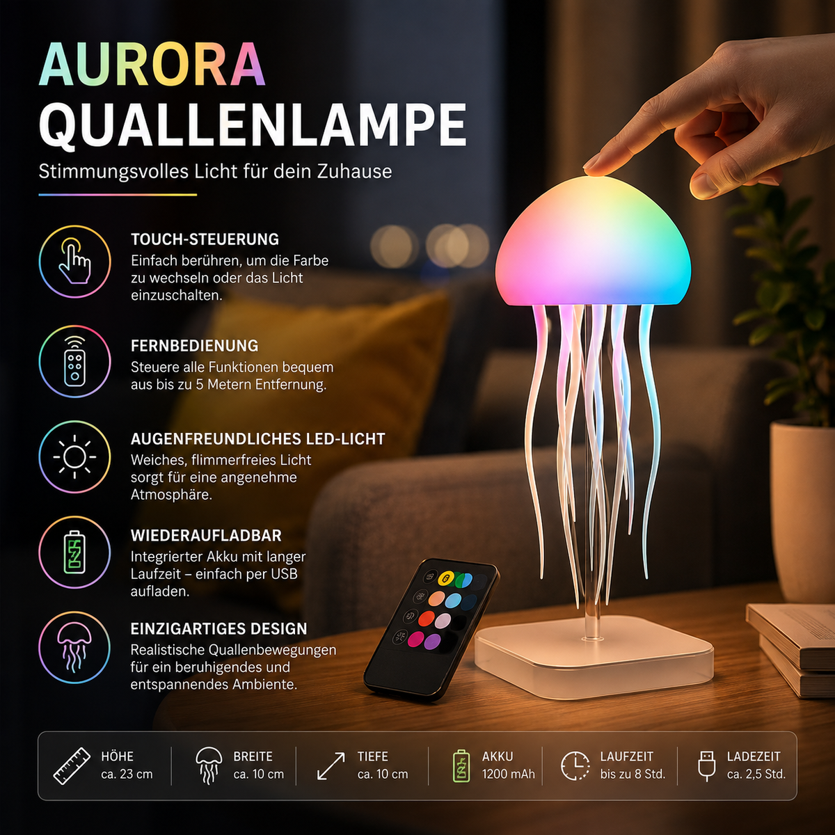 RGB Quallenlampe mit Touch-Steuerung und Fernbedienung für stimmungsvolle Beleuchtung im Wohn- und Schlafzimmer.