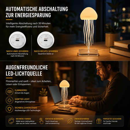 RGB Quallenlampe mit automatischer Abschaltung, augenfreundlichem LED-Licht und Fernbedienung für entspannte Atmosphäre.