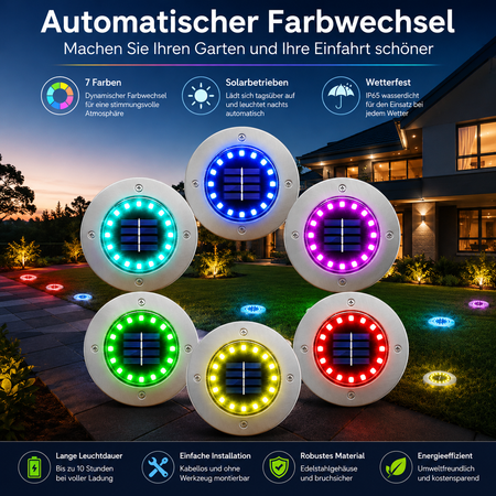 RGB Solar-Bodenleuchten mit automatischem Farbwechsel für Gartenweg, Einfahrt und Terrasse
