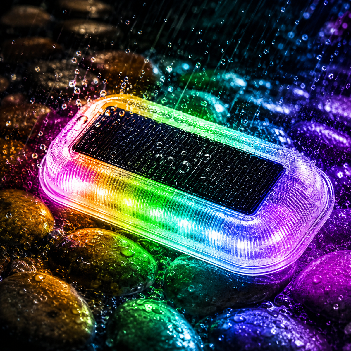 RGB Solar Bodenleuchte mit Farbwechsel im Regen, wasserdichte IP65 LED-Wegeleuchte mit Solarpanel für Garten, Terrasse und Gehwege.
