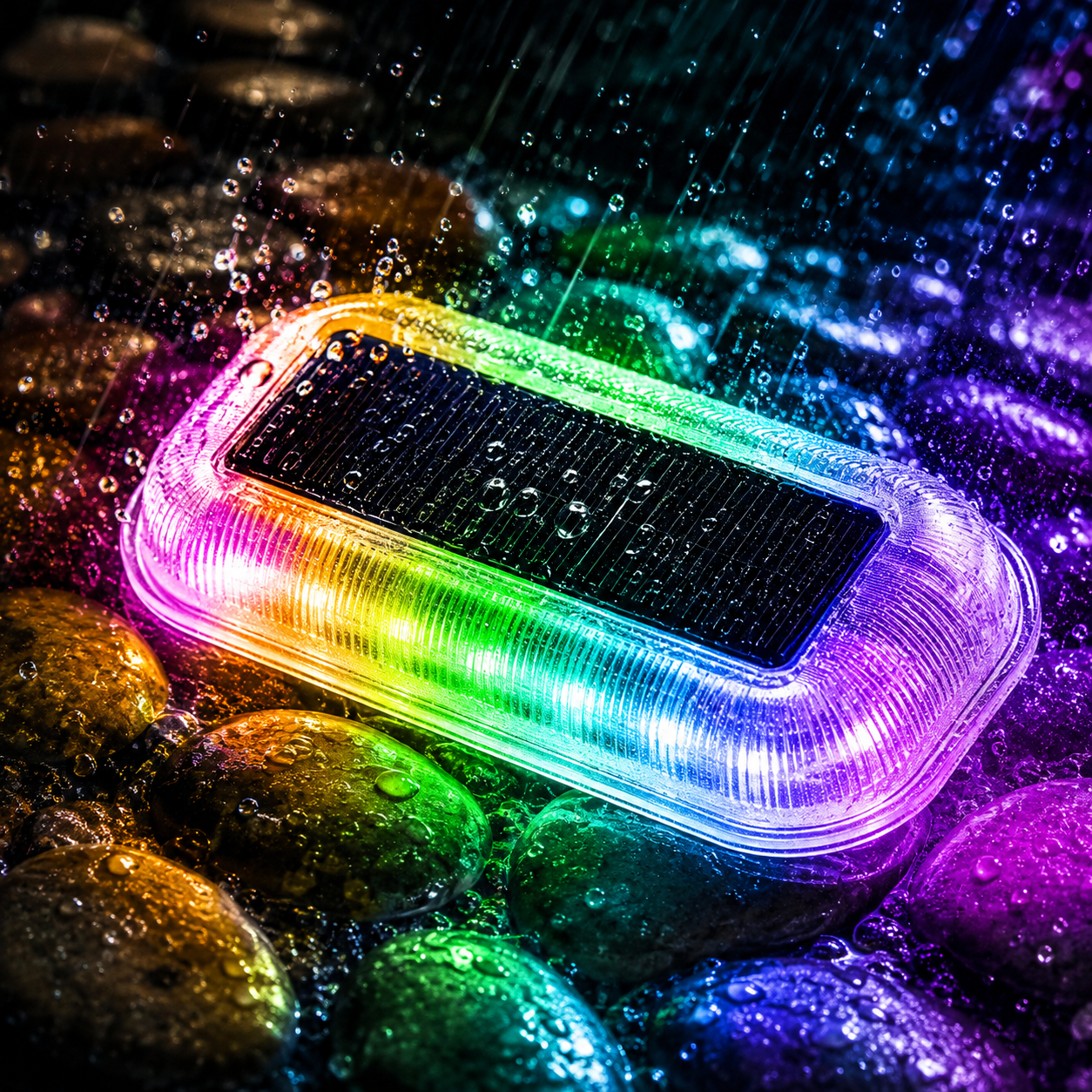 RGB Solar Bodenleuchte mit Farbwechsel im Regen, wasserdichte IP65 LED-Wegeleuchte mit Solarpanel für Garten, Terrasse und Gehwege.
