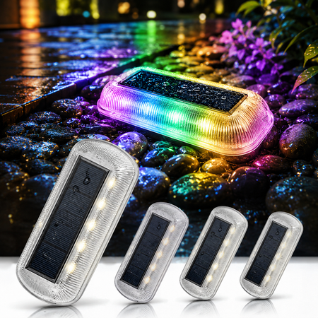 RGB Solar Bodenleuchte mit Solarpanel und 7 Farbmodi, wetterfeste LED-Gartenbeleuchtung für Wege und Einfahrten.
