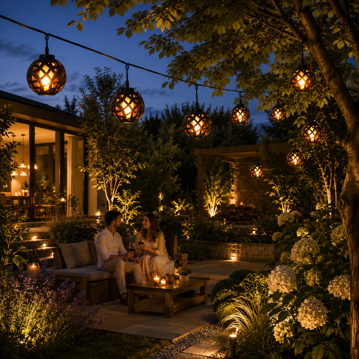 Romantische Solar LED Flammen-Lichterkette beleuchtet einen stilvollen Garten mit gemütlicher Sitzecke bei Abendstimmung.