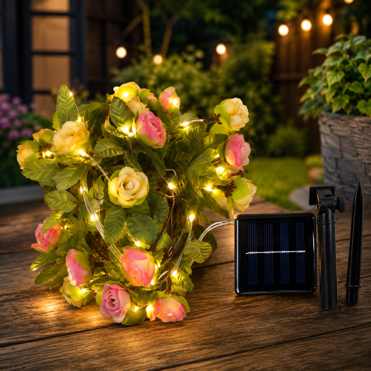 Rosenlichterkette mit Solarpanel
