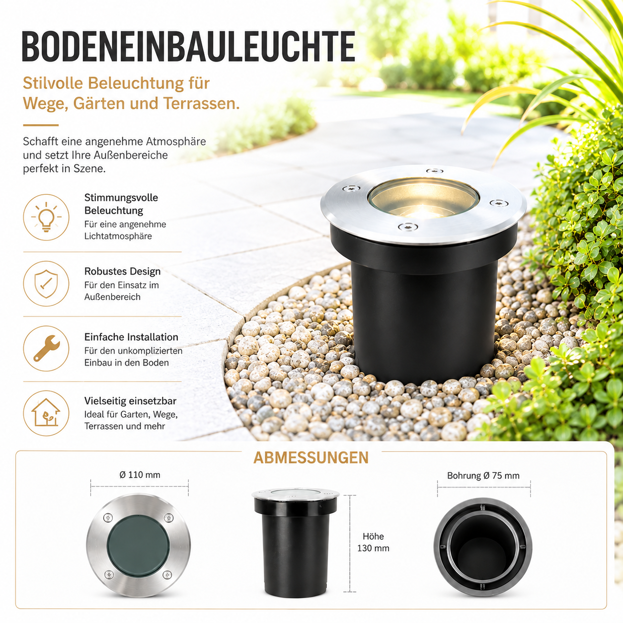 Runde LED-Bodeneinbauleuchte für Wege und Terrassen.
