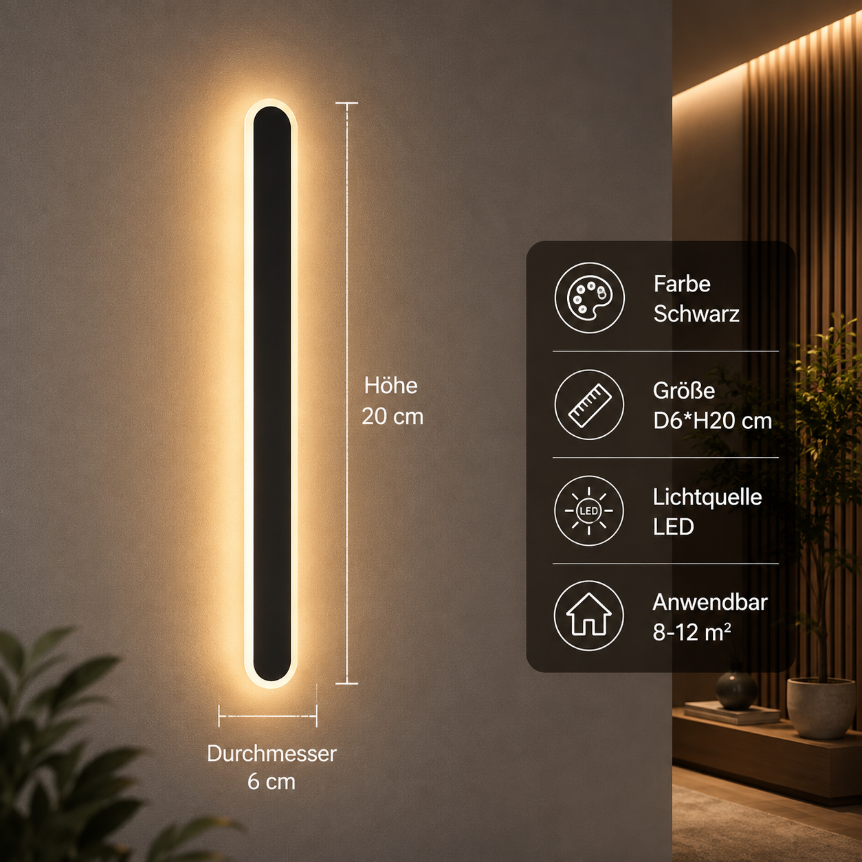 Schwarze LED Wandleuchte 20 cm mit indirektem Licht für Flur, Treppenhaus oder Wohnzimmer.
