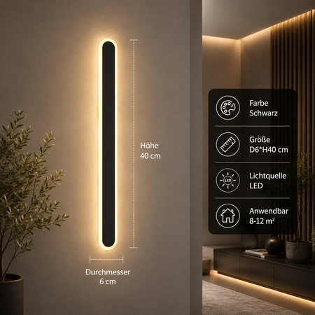 Schwarze LED Wandleuchte 40 cm mit moderner LED Beleuchtung für Wohnräume und Flure.
