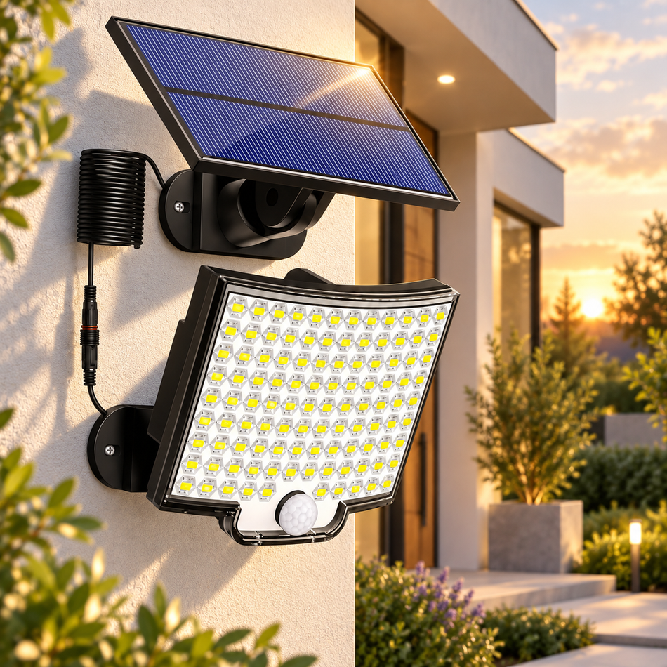 Schwarze Solar-LED-Außenleuchte mit separatem Solarpanel und Bewegungsmelder an einer modernen Hausfassade bei Sonnenuntergang.
