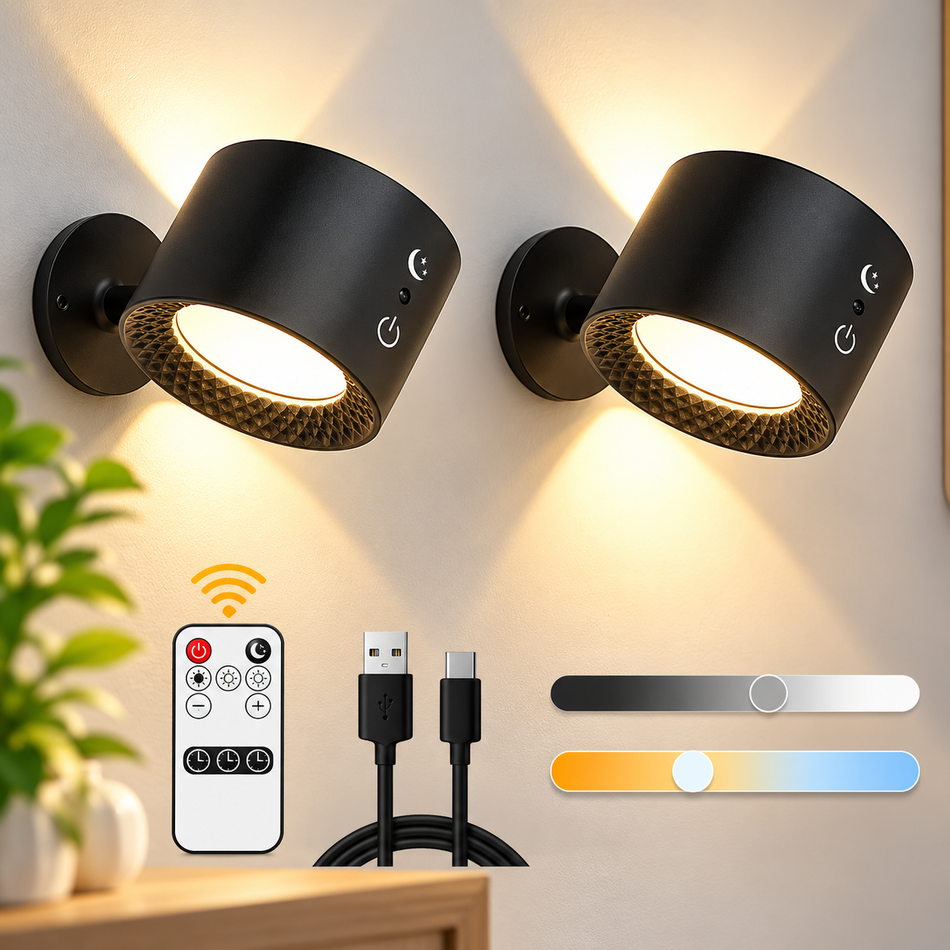 Schwarzer LED-Wandspot mit Fernbedienung und USB-C-Ladekabel.
