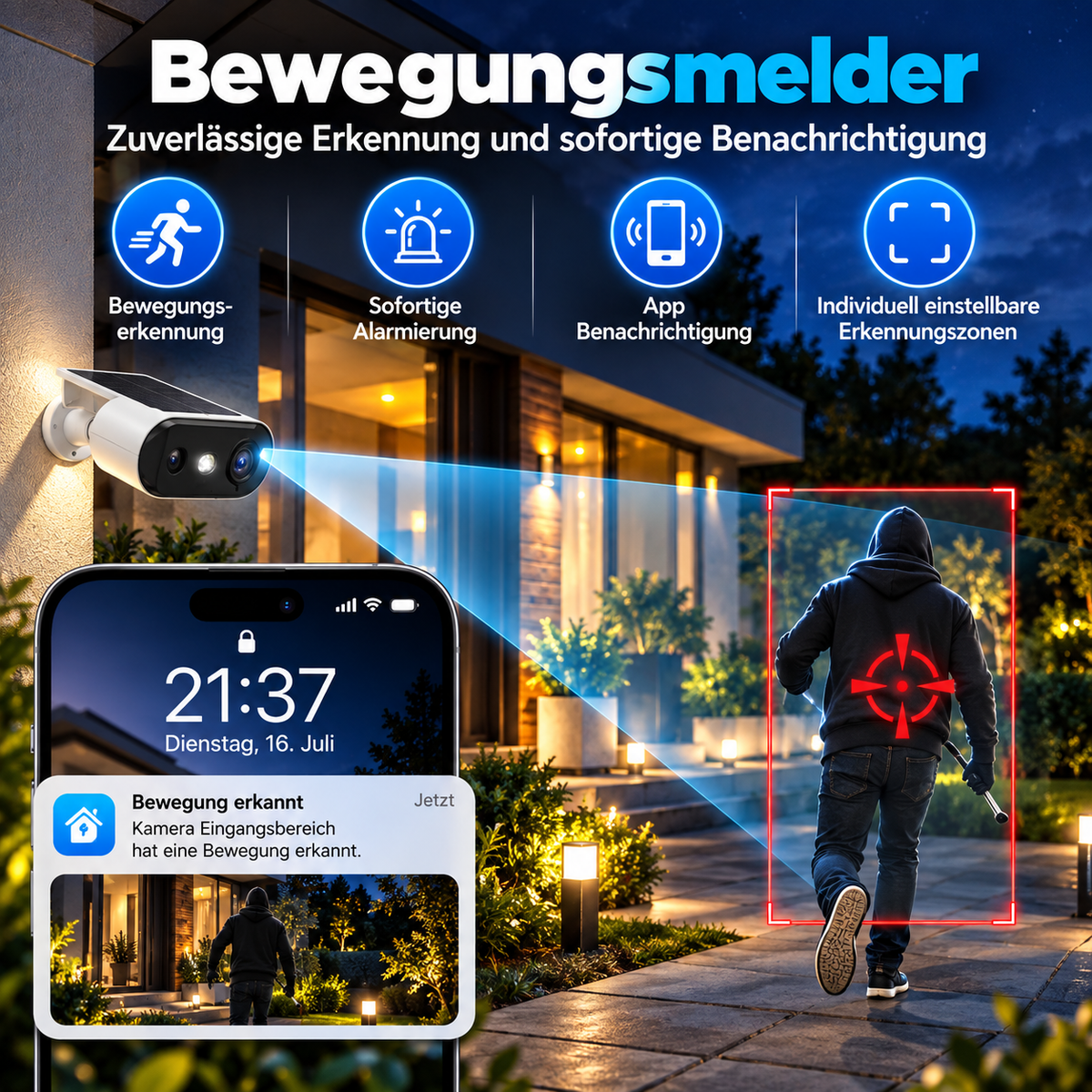 Solar Überwachungskamera mit Bewegungsmelder erkennt Person nachts und sendet Alarm aufs Smartphone