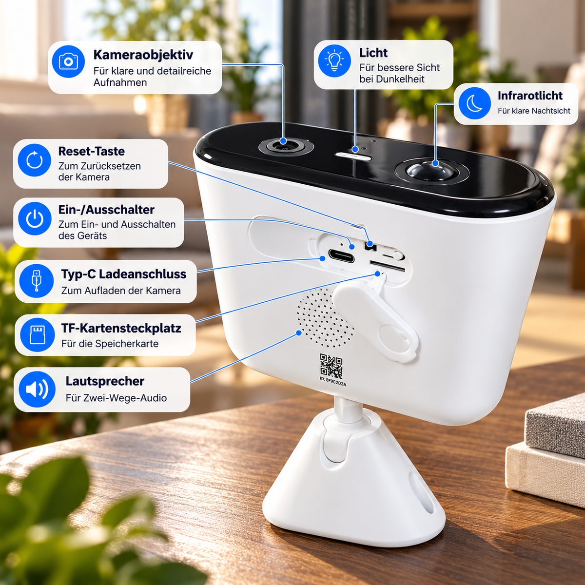 Anschlüsse der Solar Überwachungskamera: Objektiv, Licht, Reset-Taste, USB-C, microSD-Steckplatz und Lautsprecher