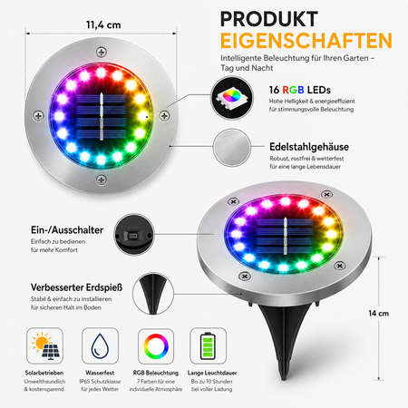Solar-Bodenleuchte aus Edelstahl mit 16 RGB-LEDs, IP65 wasserdicht, 11,4 cm Durchmesser und Erdspieß

