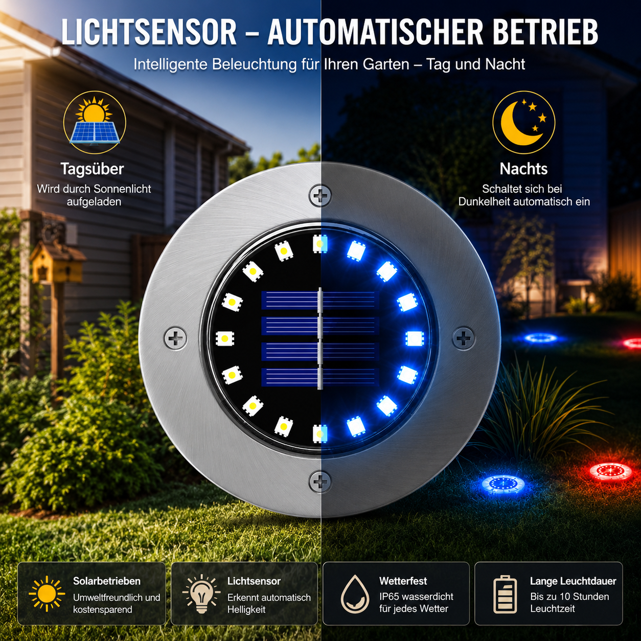 Solar-Bodenleuchte mit Lichtsensor, automatischem Betrieb, IP65-Schutz und bis zu 10 Stunden Leuchtdauer
