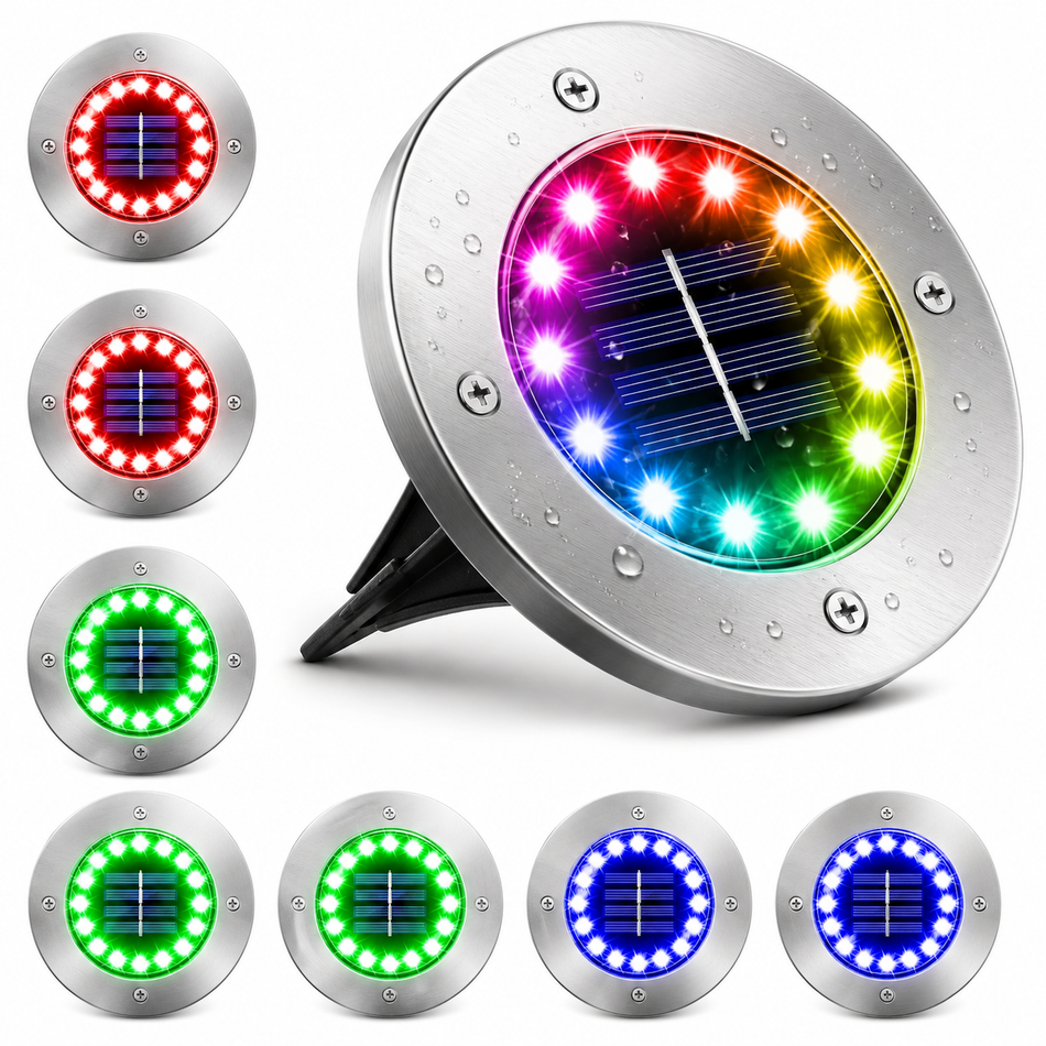 Solar-Bodenleuchte mit RGB-Farbwechsel, Edelstahlgehäuse und 16 LEDs für Garten und Einfahrt
